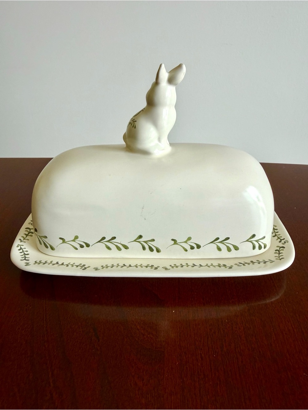 Bunny Rabbit Butter Dish Covered Stoneware Target Threshold White & Green Leaf - Picture 4 of 10